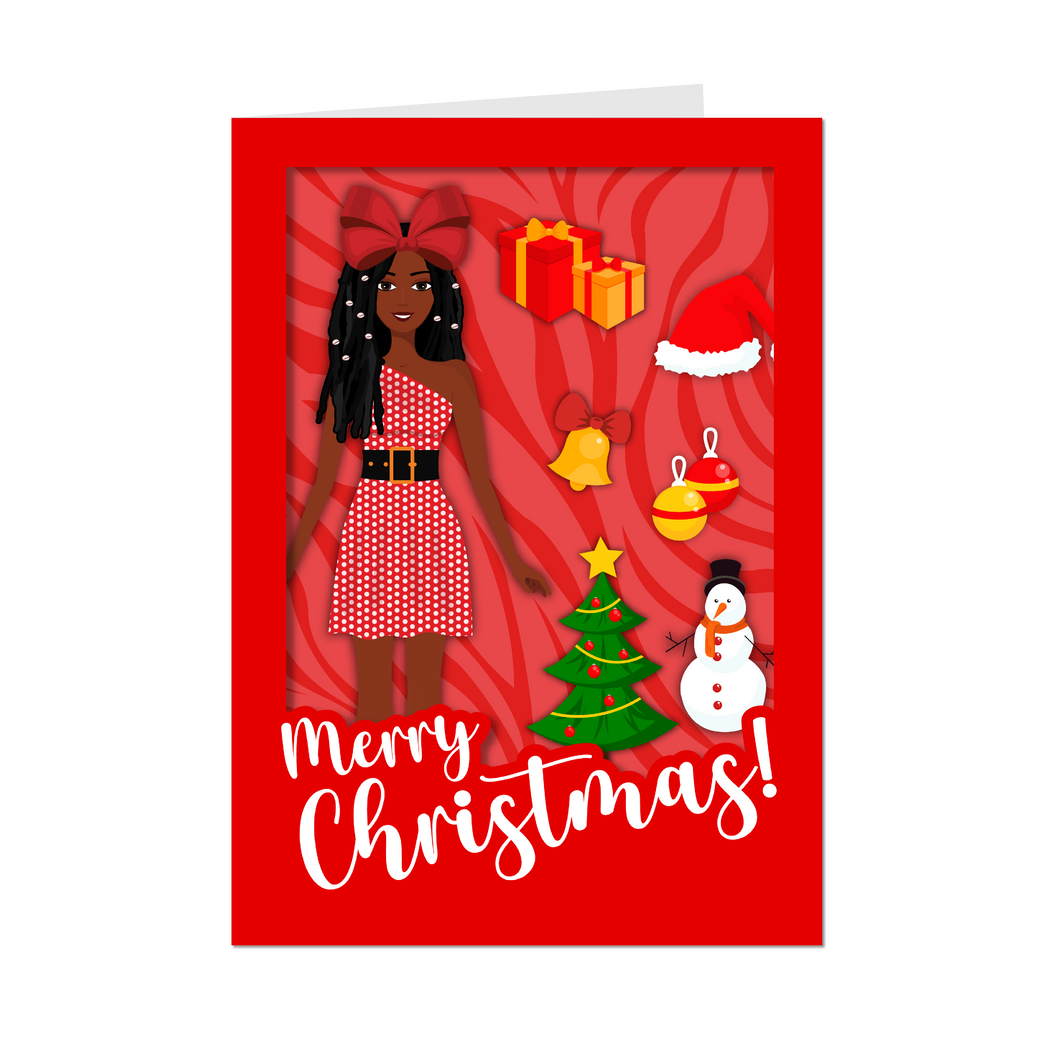 Festive African American Doll - Christmas Greeting Card (Long Dreadlocks Hairstyle with Beads - Red)