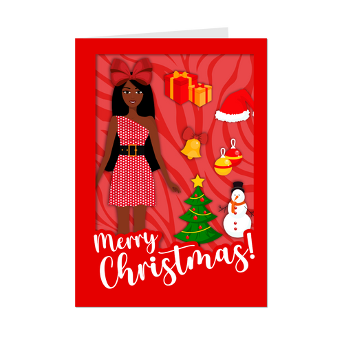 Festive African American Doll - Christmas Greeting Card (Red)