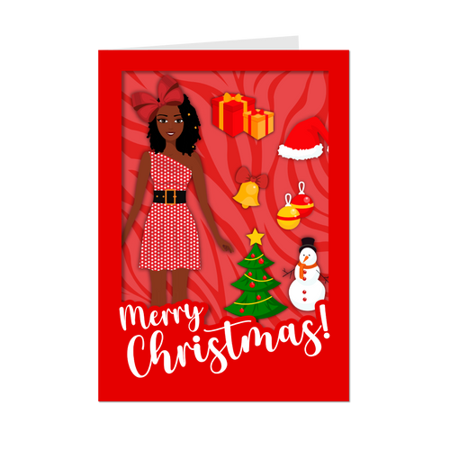 Festive African American Doll - Christmas Greeting Card (Short Dreadlocks Hairstyle with Beads - Red)
