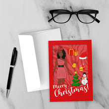 Load image into Gallery viewer, Festive African American Doll - Christmas Greeting Card (Short Dreadlocks Hairstyle with Beads - Red) on a white surface