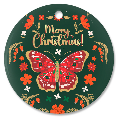 Festive Butterfly Merry Christmas Porcelain Ornaments (Green)