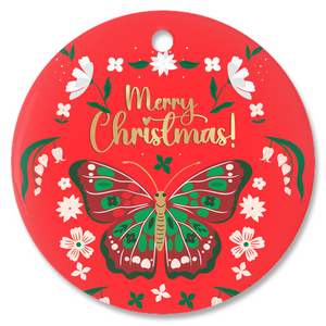 Festive Butterfly Merry Christmas Porcelain Ornaments (Red)