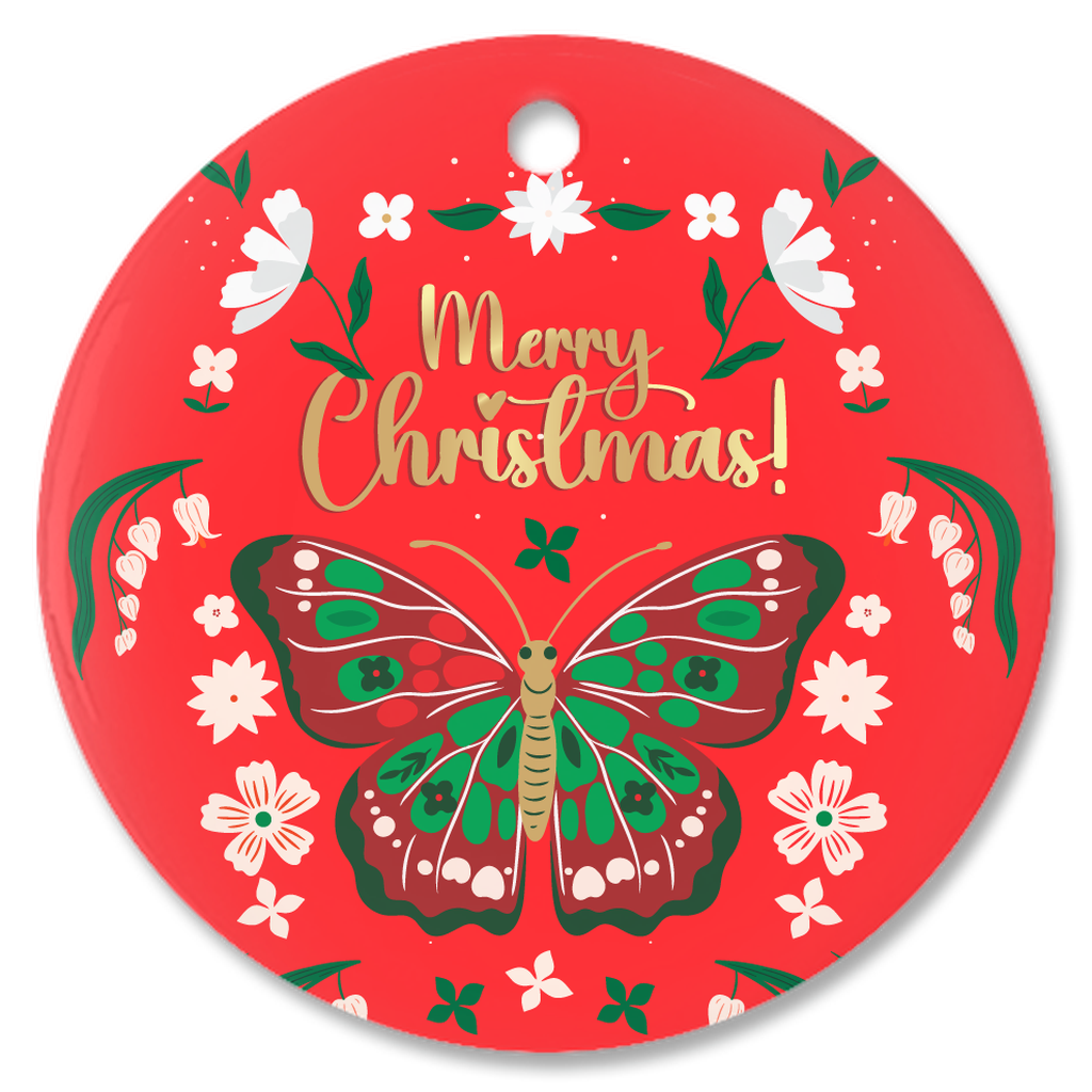 Festive Butterfly Merry Christmas Porcelain Ornaments (Red)