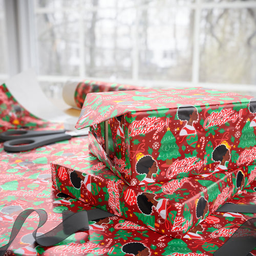 Festive Holiday - African American Woman - Merry Christmas Gift Wrapping Paper Roll - Wrapped Gifts