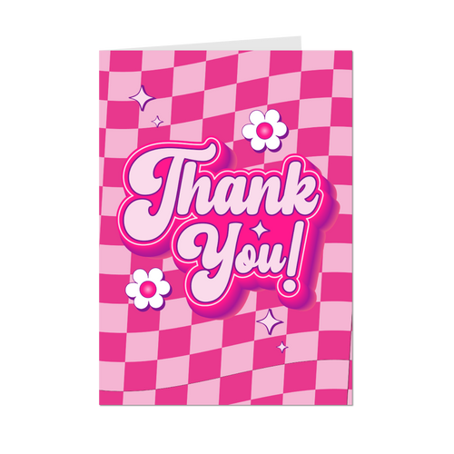 Floral & Checkered - Pink Groovy Thank You Greeting Card - Front