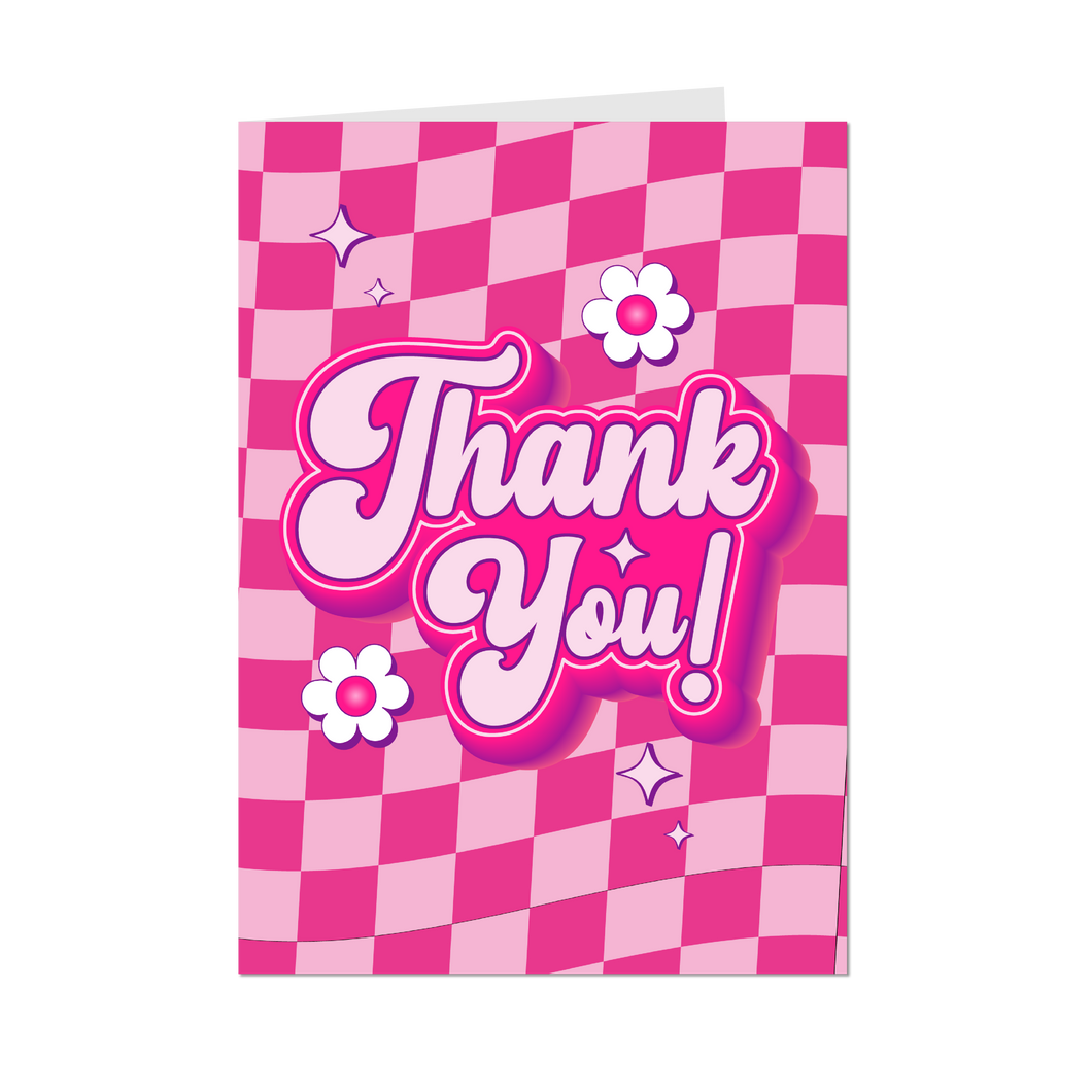Floral & Checkered - Pink Groovy Thank You Greeting Card - Front