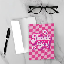 Load image into Gallery viewer, Floral &amp; Checkered - Pink Groovy Thank You Greeting Card - Front (With Background)