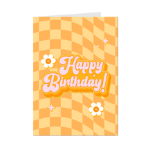 Load image into Gallery viewer, Floral &amp; Checkered - Yellow Groovy Happy Birthday Greeting Card - Front