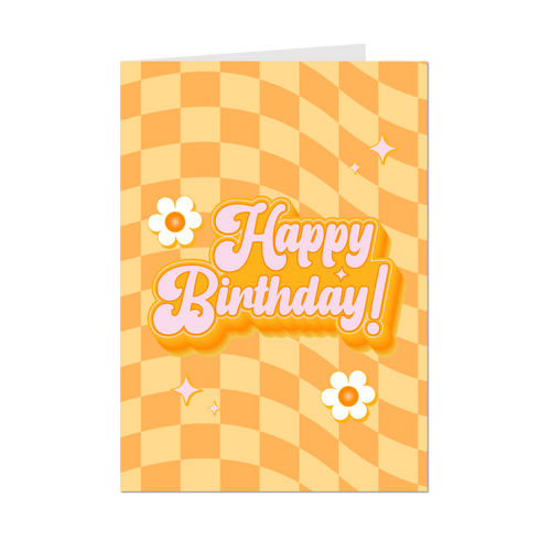Floral & Checkered - Yellow Groovy Happy Birthday Greeting Card - Front