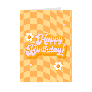 Floral & Checkered - Yellow Groovy Happy Birthday Greeting Card - Front