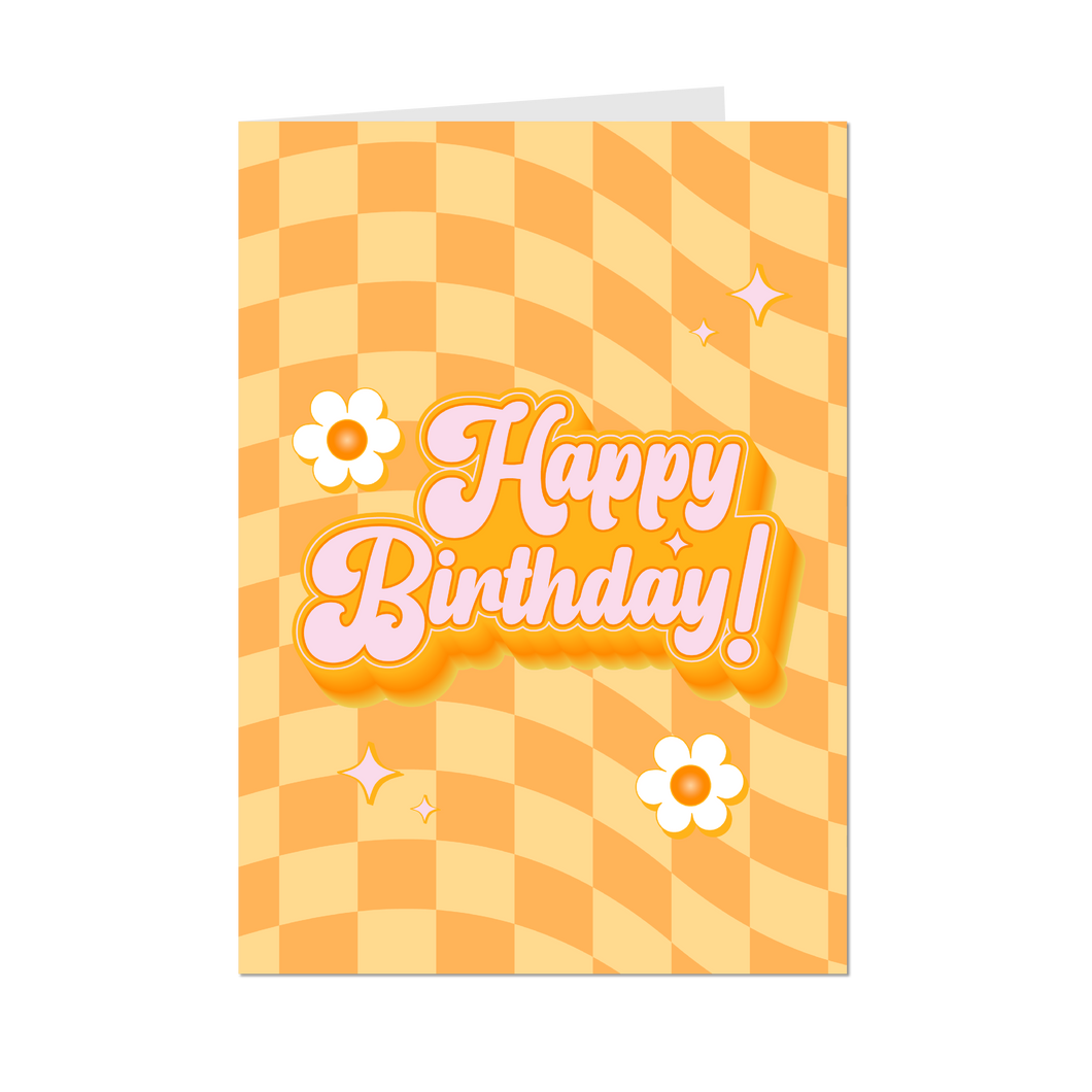 Floral & Checkered - Yellow Groovy Happy Birthday Greeting Card - Front