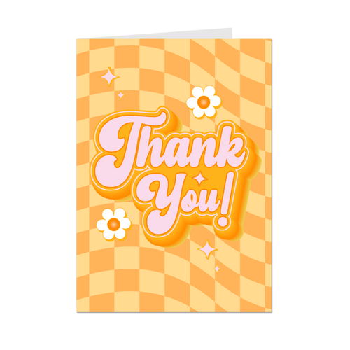 Floral & Checkered - Yellow Groovy Thank You Greeting Card - Front
