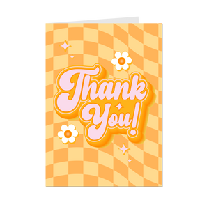 Floral & Checkered - Yellow Groovy Thank You Greeting Card - Front