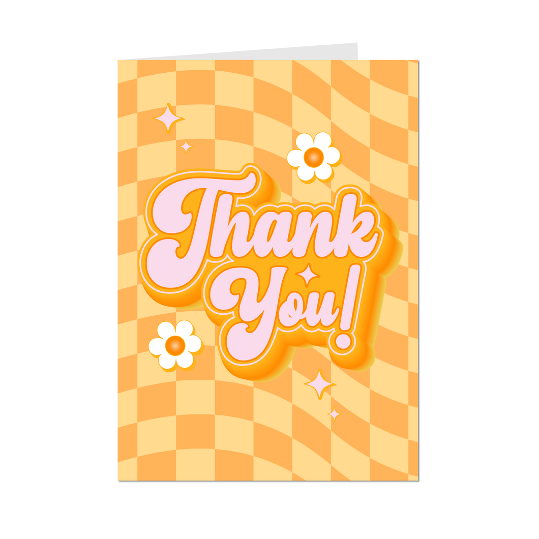 Floral & Checkered - Yellow Groovy Thank You Greeting Card - Front