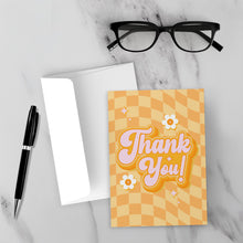 Load image into Gallery viewer, Floral &amp; Checkered - Yellow Groovy Thank You Greeting Card - Front (With Background)