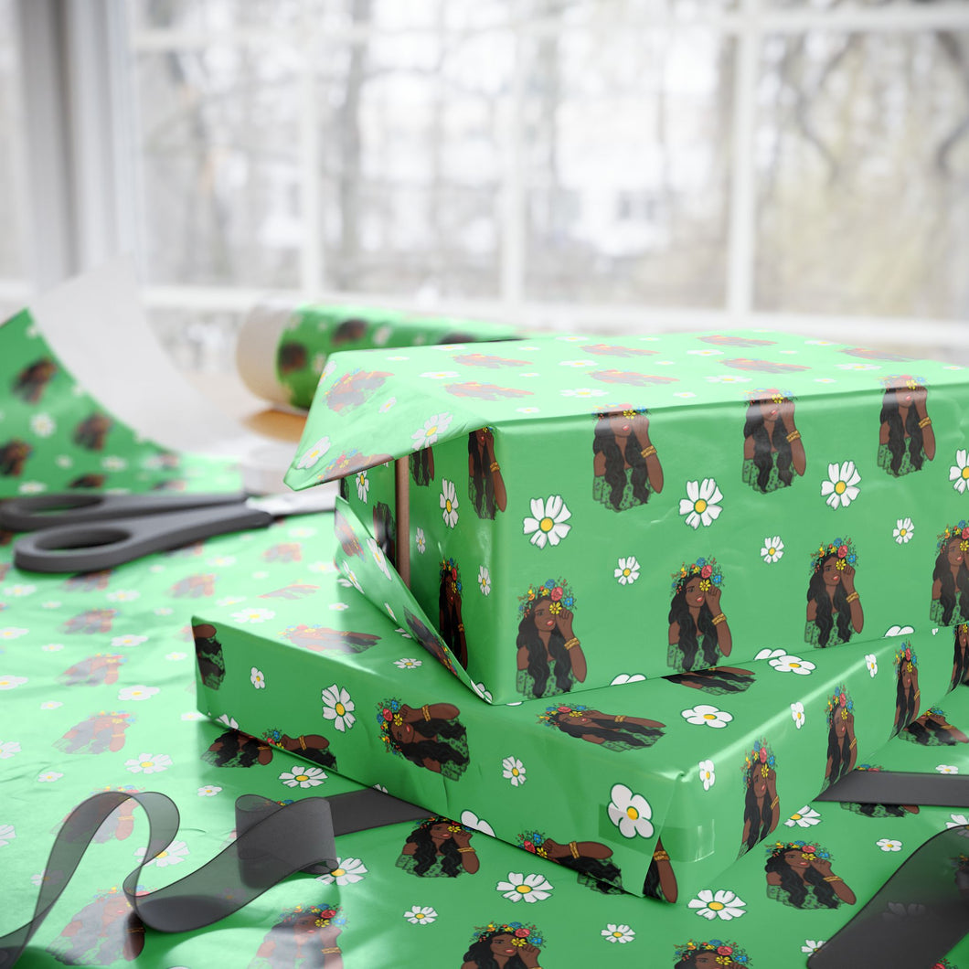 Flower Crown Beauty - African American Woman - Green Gift Wrapping Paper - Wrapped Gifts
