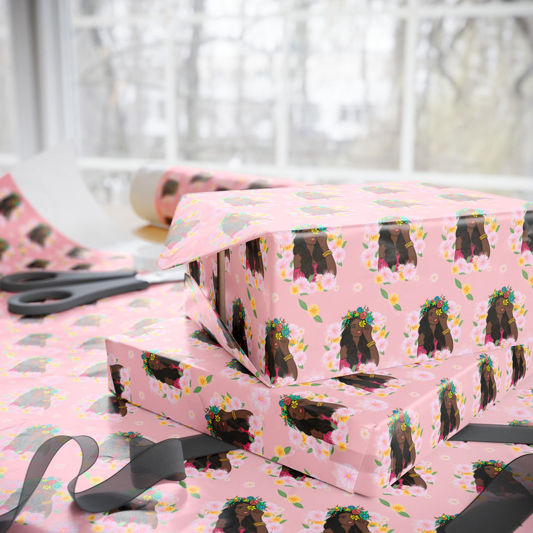Flower Crown Beauty - African American Woman - Pastel Pink Gift Wrapping Paper - Wrapped Gifts