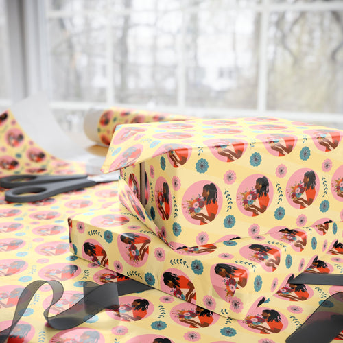 Flower Love - African American Woman - Floral Gift Wrapping Paper Roll - Wrapped Gifts