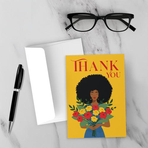 Forever Grateful - Black Woman Flowers - Thank You Greeting Cards Front with Sample Background