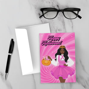 Glam Princess Costume - African-American Woman - Halloween Card - Front (With Background)