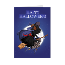 Load image into Gallery viewer, Glam Witch Costume w/Broom - African-American Woman - Halloween Card - Front