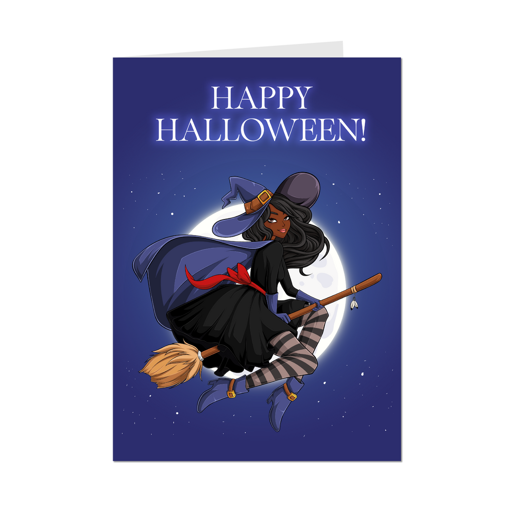 Glam Witch Costume w/Broom - African-American Woman - Halloween Card - Front