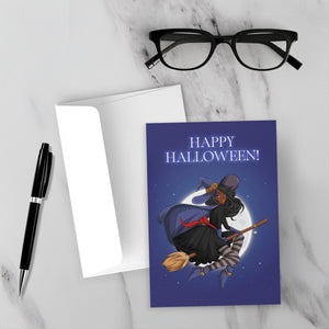 Glam Witch Costume w/Broom - African-American Woman - Halloween Card - Front (With background)
