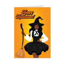Load image into Gallery viewer, Glamorous Witch Costume - African-American Woman - Halloween Card - Front