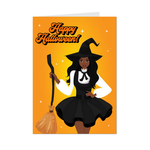 Glamorous Witch Costume - African-American Woman - Halloween Card - Front