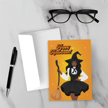 Load image into Gallery viewer, Glamorous Witch Costume - African-American Woman - Halloween Card - Front Design With Background