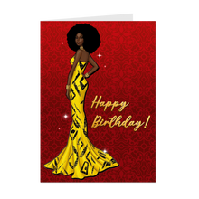 Load image into Gallery viewer, Gold &amp; Black Gown - Glam Birthday Girl - African American Woman - Happy Birthday Card Shop - Afro Hairstyle