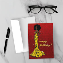Load image into Gallery viewer, Gold &amp; Black Gown - Glam Birthday Girl - African American Woman - Happy Birthday Card Shop - Afro Hairstyle