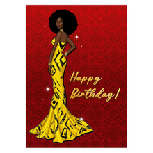 Load image into Gallery viewer, Gold &amp; Black Gown - Glam Birthday Girl - African American Woman - Happy Birthday Card Shop - Afro Hairstyle