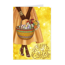 Load image into Gallery viewer, Golden Sparkle Glam - African American Woman - Happy Easter Greeting Card - Easter Eggs &amp; Flowers