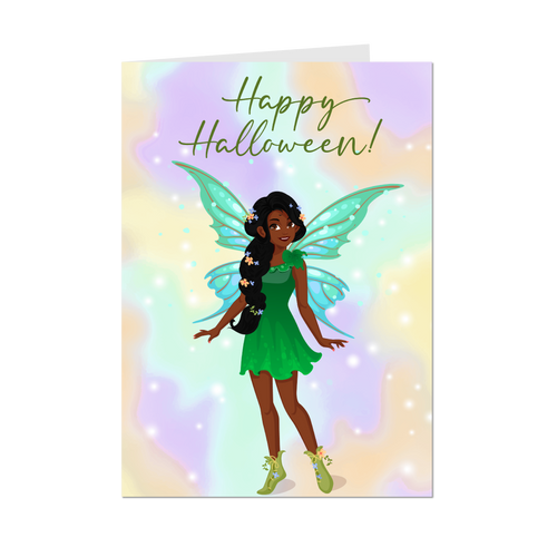 Green Fairy Costume - African American Girl - Happy Halloween Cards - Front