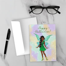 Load image into Gallery viewer, Green Fairy Costume - African American Girl - Happy Halloween Cards - Front (With Background)