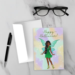Green Fairy Costume - African American Girl - Happy Halloween Cards - Front (With Background)