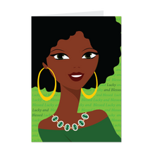 Load image into Gallery viewer, Green Lucky &amp; Blessed - African American Woman - Gratitude Greeting Cards - Curly Afro Hairstyle front