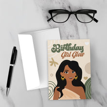 Load image into Gallery viewer, Groovy Birthday Girl Glow - African American Woman - Black Card Shop - Front (With Background)