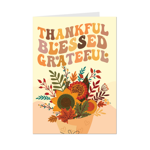 Groovy Floral Bouquet - Thankful Blessed Grateful Greeting Cards - Front