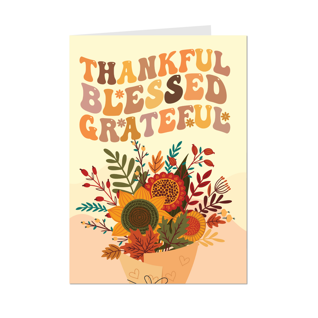 Groovy Floral Bouquet - Thankful Blessed Grateful Greeting Cards - Front