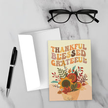 Load image into Gallery viewer, Groovy Floral Bouquet - Thankful Blessed Grateful Greeting Cards - Front (With Background)