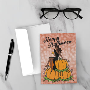 Halloween & Autumn Pumpkin Glam Sparkle - African American Woman - Black Card Shop - Front (With Background)