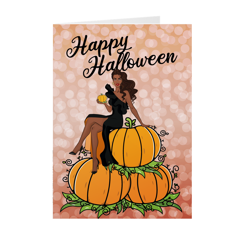 Halloween & Autumn Pumpkin Glam Sparkle - African American Woman - Black Card Shop