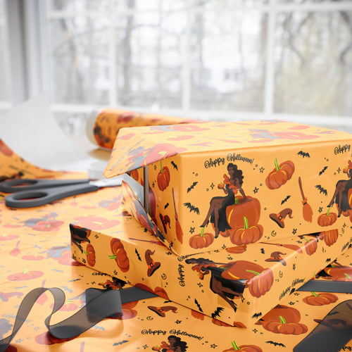 Pumpkin, Gown & Bats - African American Woman - Halloween Wrapping Paper Roll