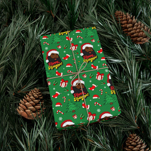 Happy Black Santa - Happy Holidays - Green Gift Wrapping Paper Roll - Wrapped Gift Sample