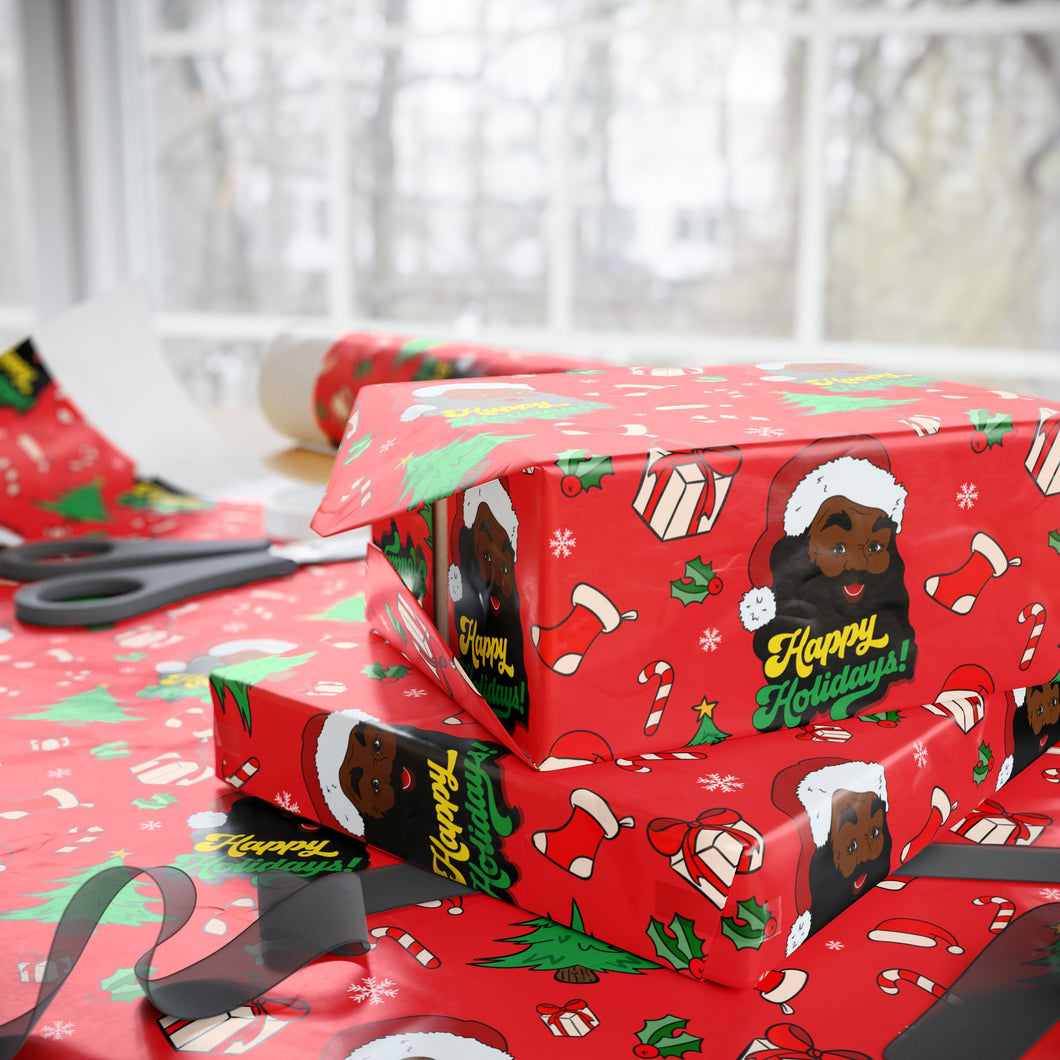 Happy Black Santa - Happy Holidays - Red Gift Wrapping Paper Roll - Wrapped Gifts