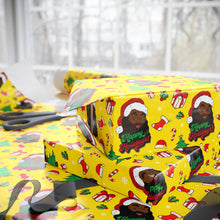 Load image into Gallery viewer, Happy Black Santa - Happy Holidays - Yellow Gift Wrapping Paper Roll - Wrapped Gifts