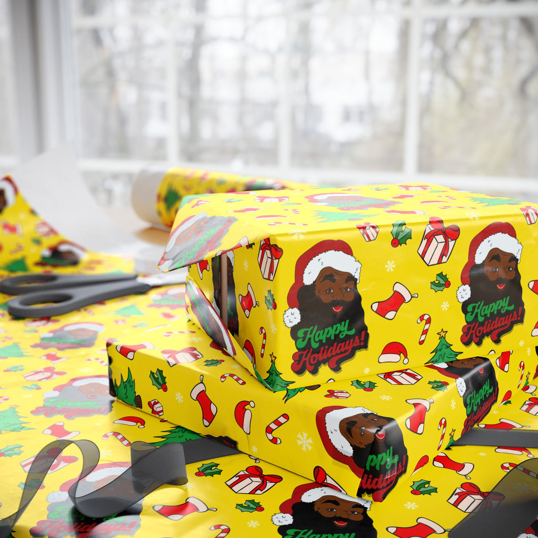 Happy Black Santa - Happy Holidays - Yellow Gift Wrapping Paper Roll - Wrapped Gifts