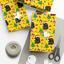 Load image into Gallery viewer, Happy Black Santa - Happy Holidays - Yellow Gift Wrapping Paper Roll - Wrapped Gifts Sample